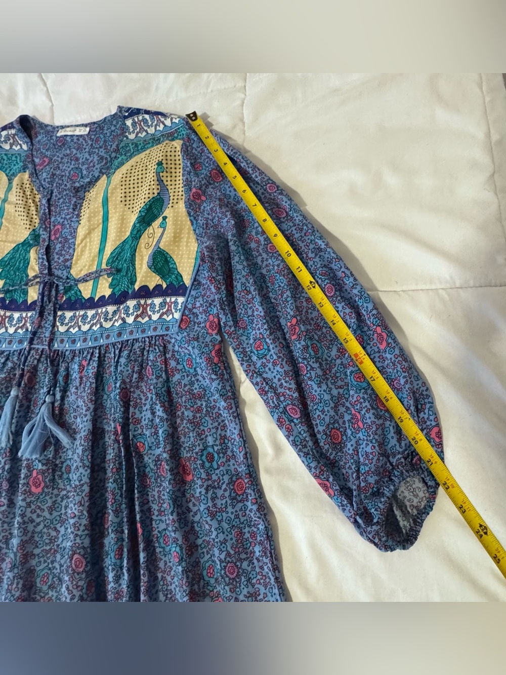 Boho Maxi Dress with Peacock Motif in Blue and Cream Sz M - Picture 9 of 11
